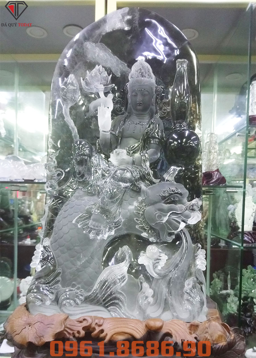 Tượng phật quan âm cưỡi rồng bằng đá thạch anh khói