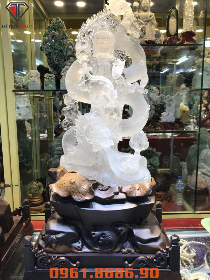 Tượng phật quan âm cưỡi rồng bằng đá thạch anh trắng