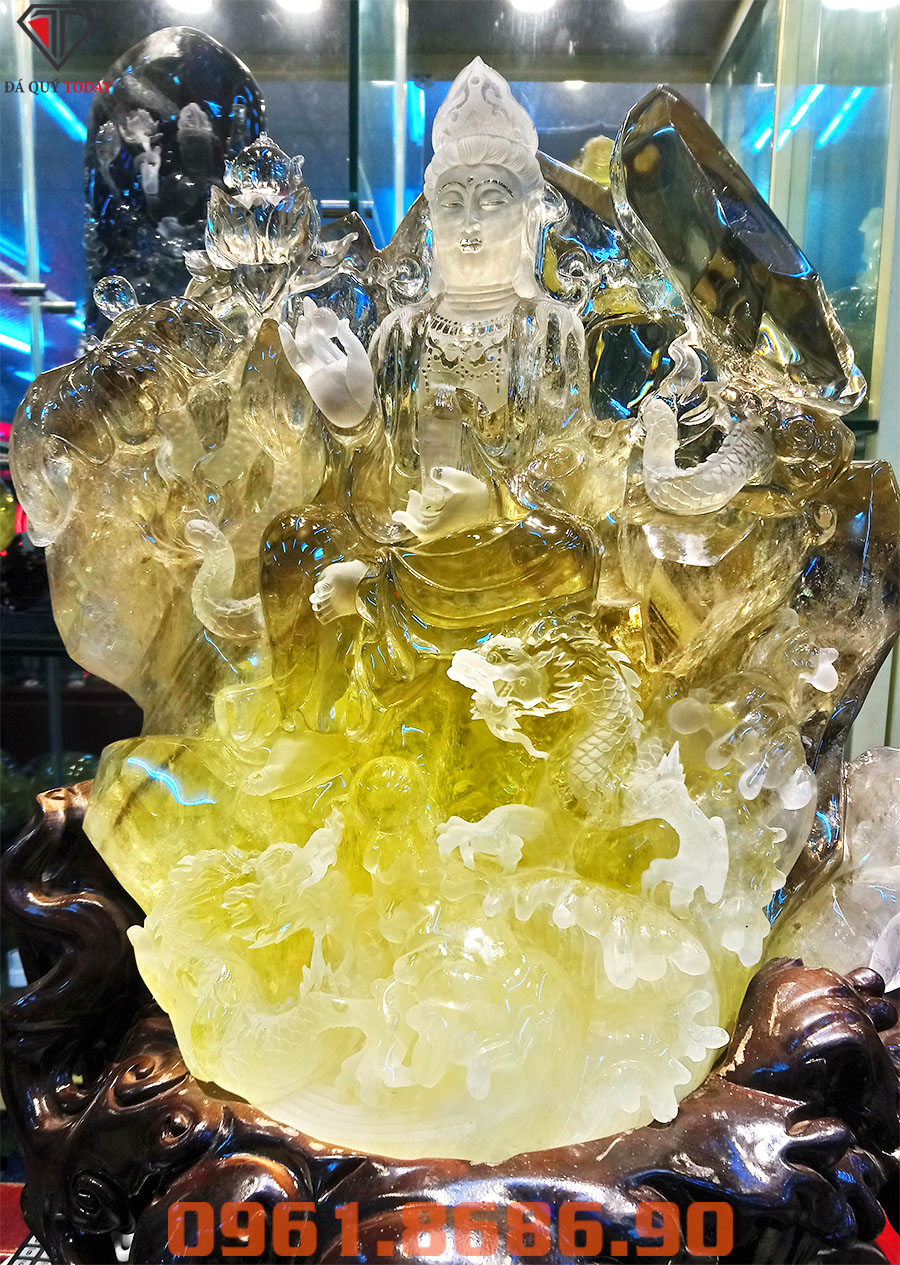 Tượng phật quan âm cưỡi rồng bằng đá thạch anh vàng